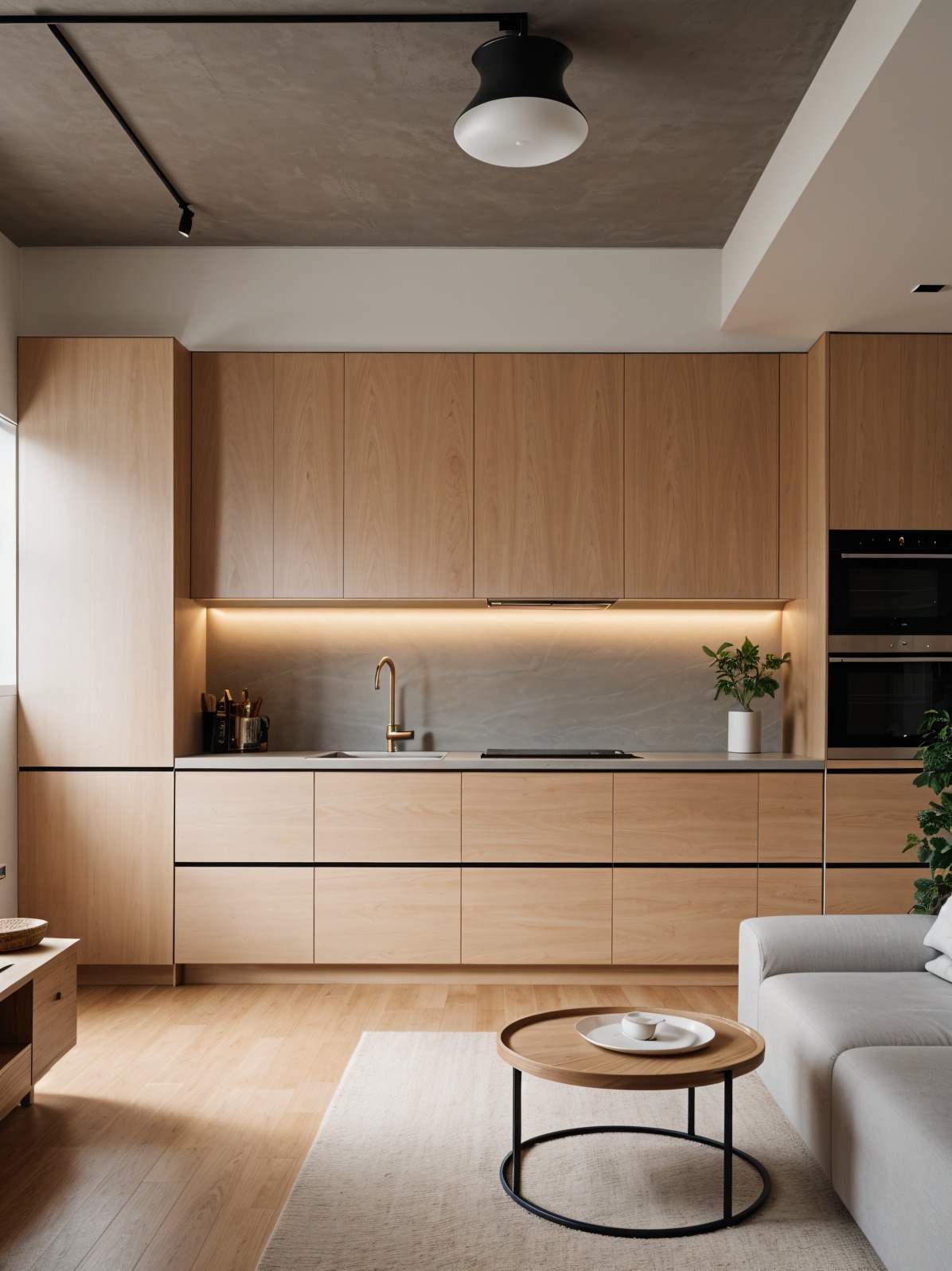Jasna, minimalistyczna kuchnia z drewnianymi frontami, złotą armaturą i subtelnym oświetleniem LED. W tle widoczny salon z okrągłym stolikiem kawowym i sofą.