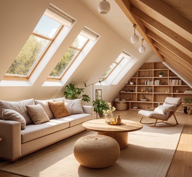 Jasne poddasze z drewnianą konstrukcją dachu i oknami połaciowymi. Beżowa sofa, okrągły stolik kawowy i puf tworzą przytulną strefę relaksu. Drewniany regał z książkami w tle.