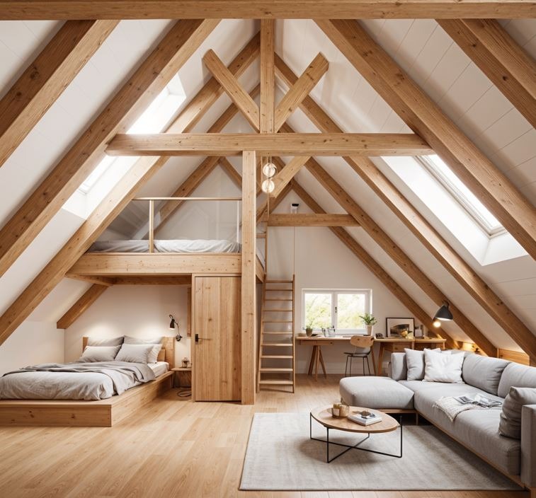 Jasne poddasze z drewnianą konstrukcją dachu, antresolą z przeszkloną barierką, łóżkiem na podeście i szarą sofą. Okno dachowe wpuszcza naturalne światło.