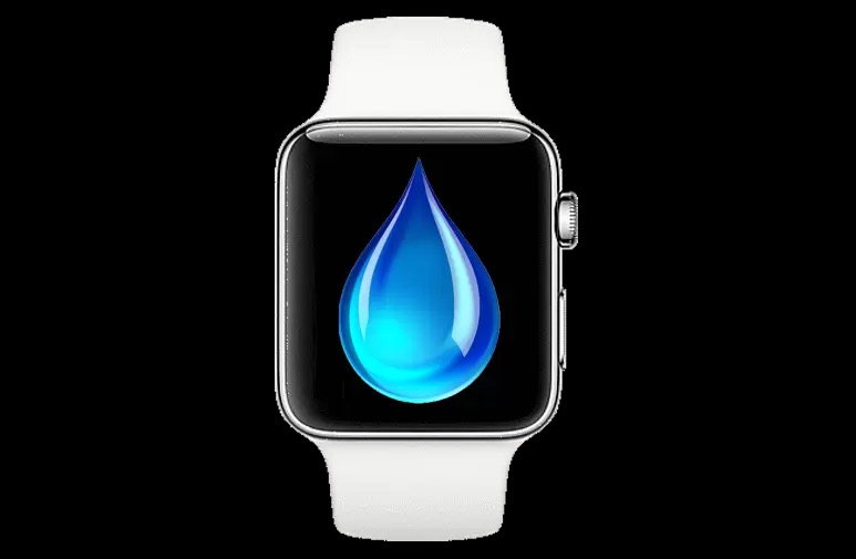 Smartwatch z białym paskiem prezentujący na ekranie animowaną, błękitną kroplę wody na czarnym tle.