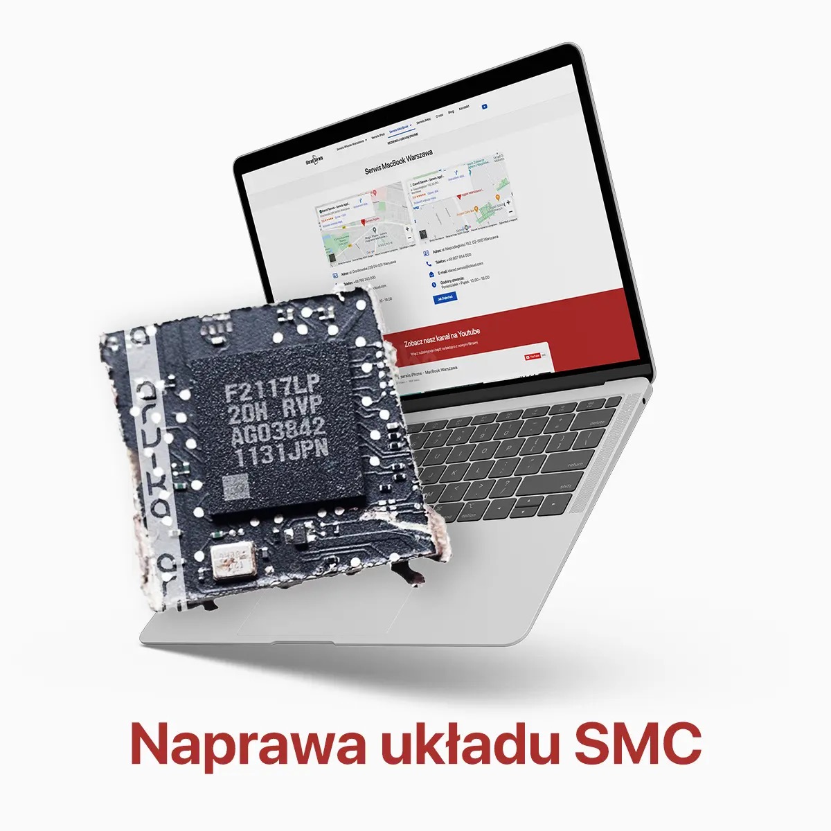 Uszkodzony układ SMC z oznaczeniami F2117LP 20H RVP AG03842 1131JPN na tle otwartego laptopa MacBook z wyświetloną stroną serwisu komputerowego.