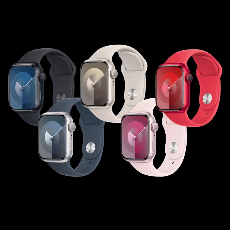 Pięć smartwatchy w różnych kolorach pasków i tarcz, ułożonych na czarnym tle. Widoczne detale obudowy i zapięcia pasków.