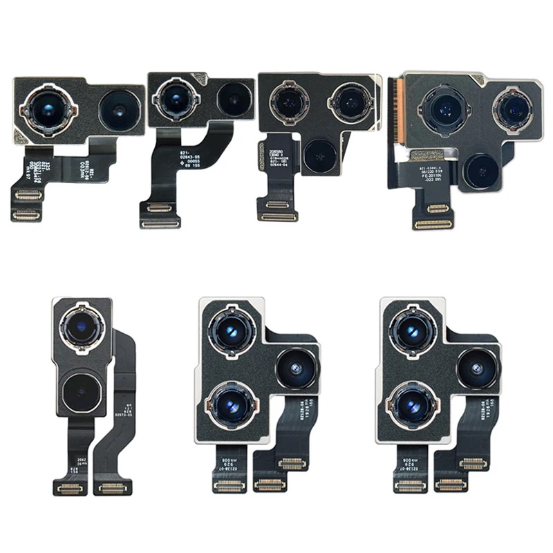 Zestaw modułów kamer do smartfonów, różne konfiguracje obiektywów i połączeń, widoczne oznaczenia i złącza taśmowe.