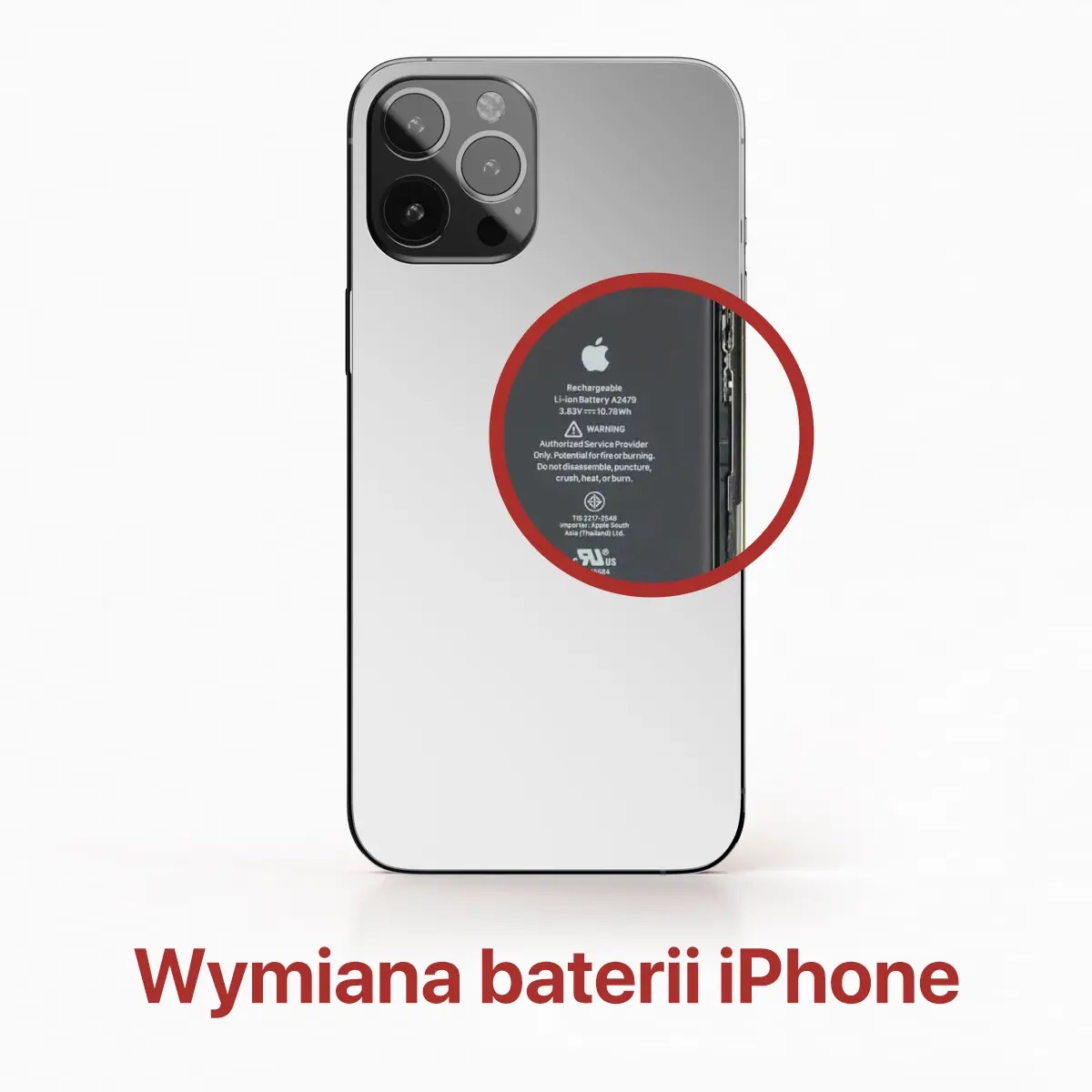 Otwarty iPhone z widoczną baterią i powiększonym obszarem z informacjami o baterii, w tym oznaczeniami ostrzegawczymi i specyfikacjami technicznymi. Widoczne trzy obiektywy aparatu. Na dole napis...