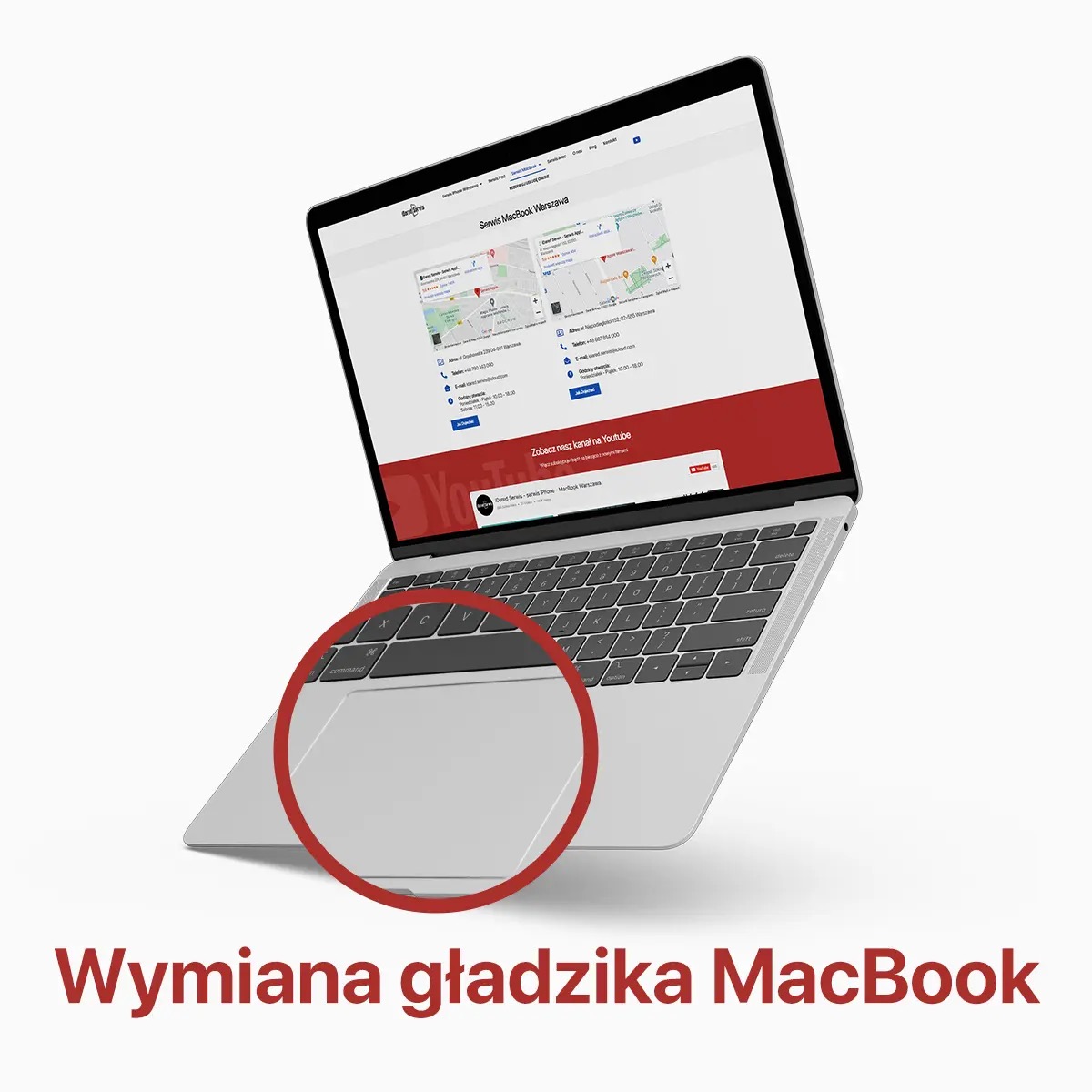 MacBook Air z otwartą klapą, na ekranie strona serwisu MacBook Warszawa z mapą i danymi kontaktowymi, z zaznaczonym gładzikiem. Widoczna klawiatura i obudowa laptopa.