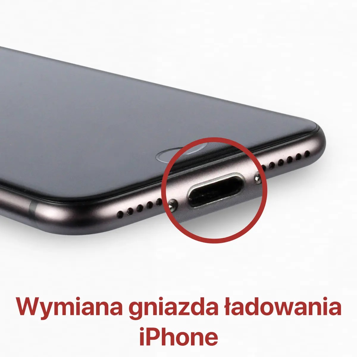 Zbliżenie na dolną krawędź szarego iPhone'a z wyraźnie zaznaczonym portem ładowania Lightning w czerwonym okręgu, widoczne otwory głośnika.