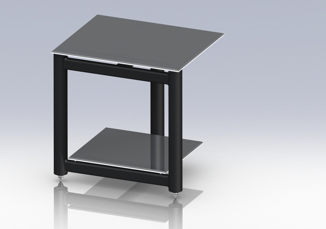 Czarny, minimalistyczny stolik audio z dwoma szklanymi półkami, na srebrnych nóżkach, render 3D.