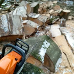 Pomarańczowa piła łańcuchowa spalinowa Stihl na tle pociętych kloc&oacute;w drewna z resztkami śniegu i trocinami, widok z bliska.