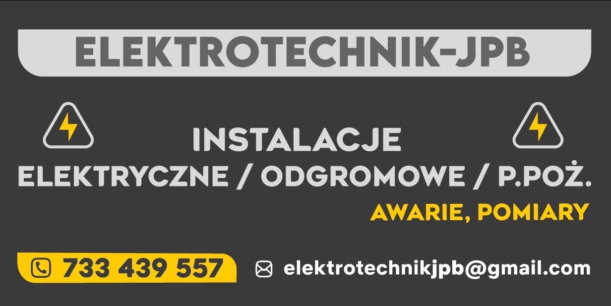 Grafika reklamowa firmy Elektrotechnik-JPB, oferującej instalacje elektryczne, odgromowe i przeciwpożarowe, awarie i pomiary, z numerem telefonu i adresem e-mail.