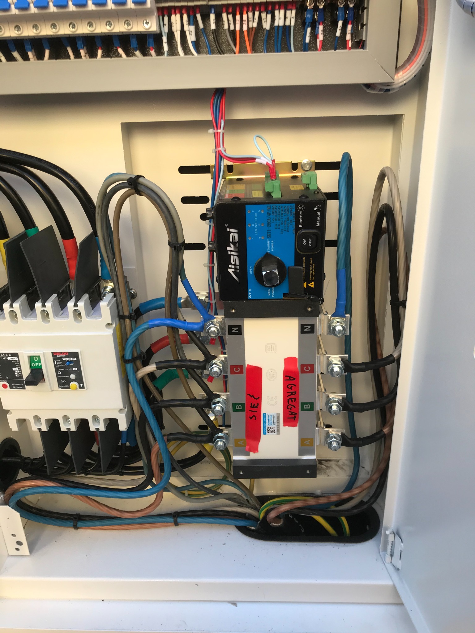 Rozdzielnica elektryczna z zainstalowanym wyłącznikiem różnicowoprądowym i automatycznym przełącznikiem zasilania, widoczne podłączenia kabli o różnych kolorach, oznaczone taśmami z opisami.