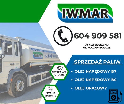 Reklama firmy IWMAR oferującej sprzedaż paliw, z widocznym samochodem-cysterną, numerem telefonu, adresem i informacjami o darmowej dostawie i stałych rabatach.
