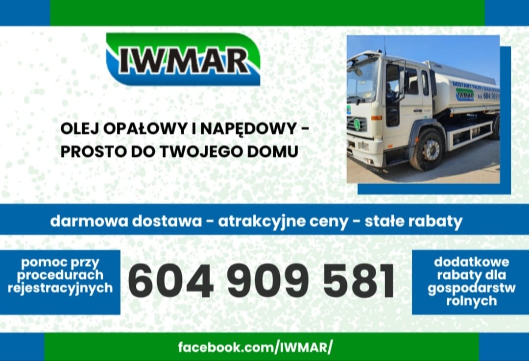 Baner reklamowy IWMAR z ofertą oleju opałowego i napędowego z dostawą. Na zdjęciu cysterna firmy. Darmowa dostawa, atrakcyjne ceny, rabaty.