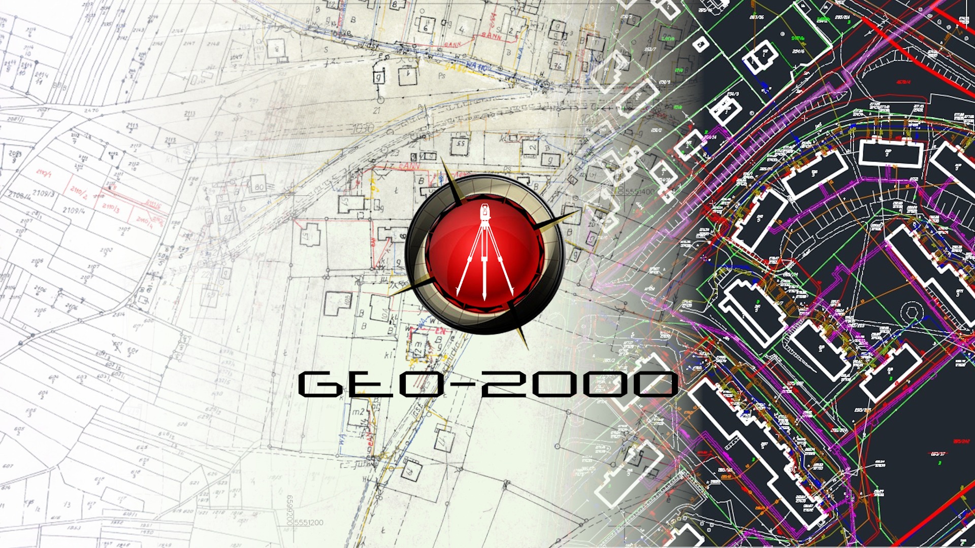 Grafika wektorowa z logo firmy geodezyjnej GEO-2000, nałożona na plan geodezyjny i plan zagospodarowania przestrzennego.