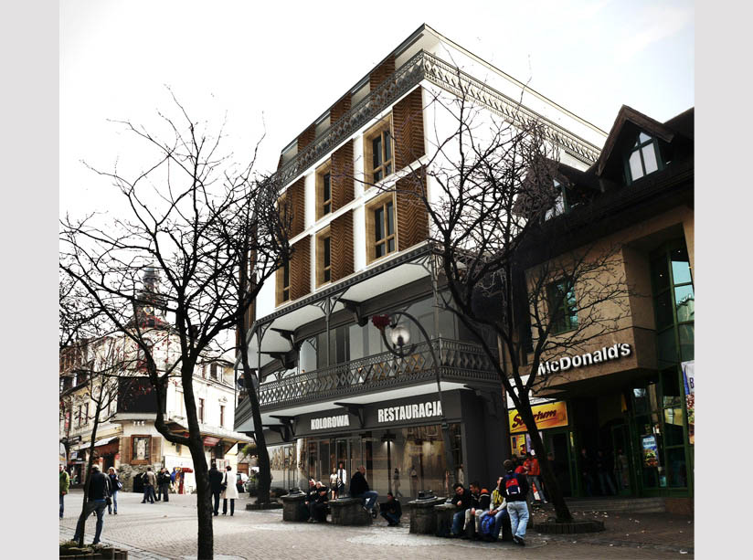 Wizualizacja architektoniczna budynku restauracji 'Kolorowa' w otoczeniu zabudowy miejskiej i drzew bez liści, z widocznym szyldem McDonald's w tle.