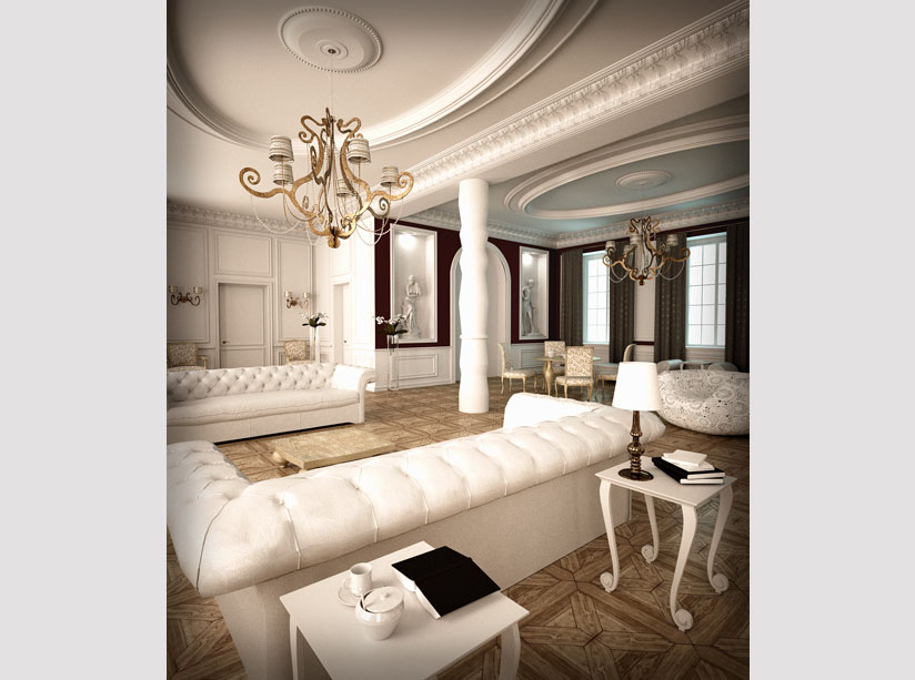 Wizualizacja przestronnego salonu w stylu klasycznym z białymi sofami, parkietem w jodełkę i dekoracyjnymi sztukateriami sufitowymi. Widoczne dwie bogato zdobione lampy wiszące i kolumna pośrodku...