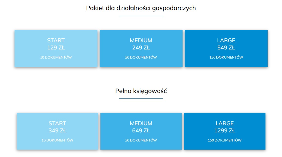 Pakiety usług księgowych: 'Start', 'Medium' i 'Large', z cenami i liczbą dokumentów. Oferta dla działalności gospodarczych i pełnej księgowości, w odcieniach błękitu.