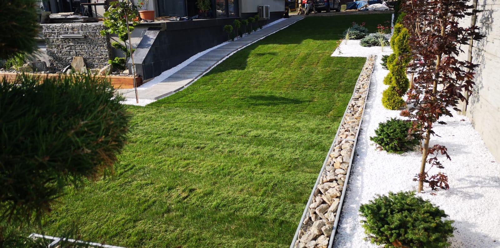 Starannie zaprojektowany ogród z równo przystrzyżonym trawnikiem, białymi kamieniami dekoracyjnymi, gabionami z kamienia i różnorodnymi nasadzeniami drzew i krzewów.