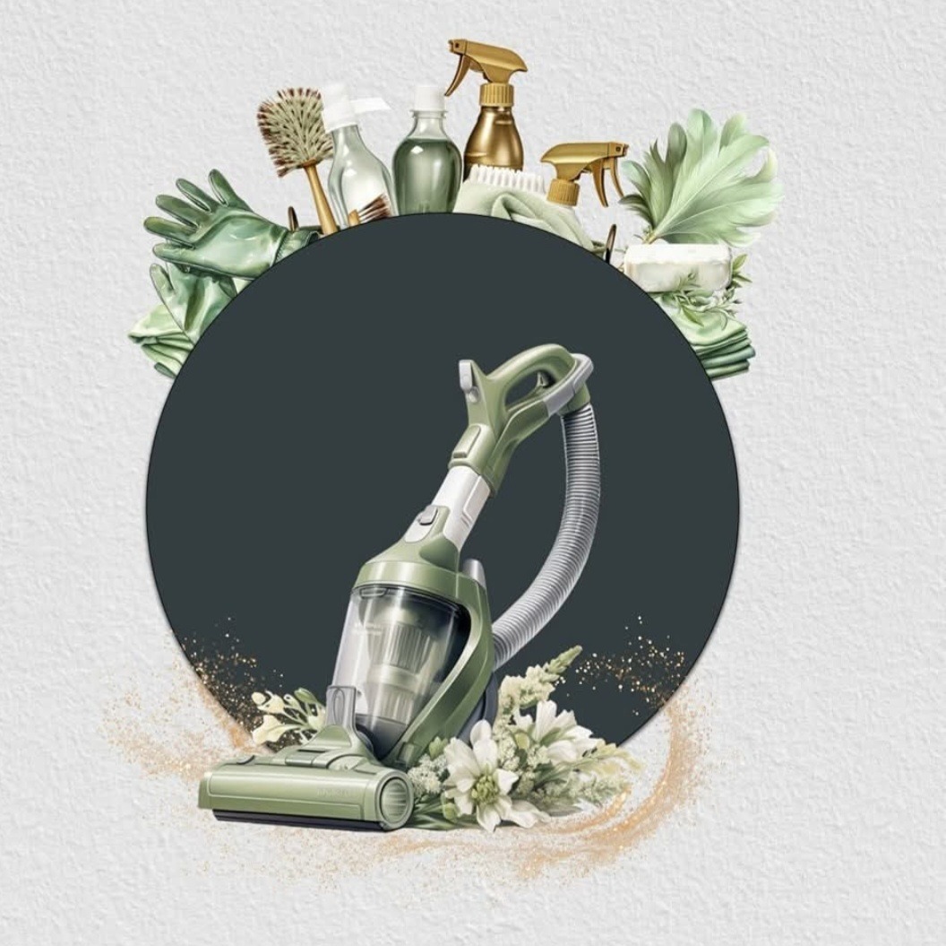 Ilustracja przedstawia zielony odkurzacz ręczny, otoczony akcesoriami do sprzątania, takimi jak szczotki, spryskiwacze i rękawice, na tle dekoracyjnym.