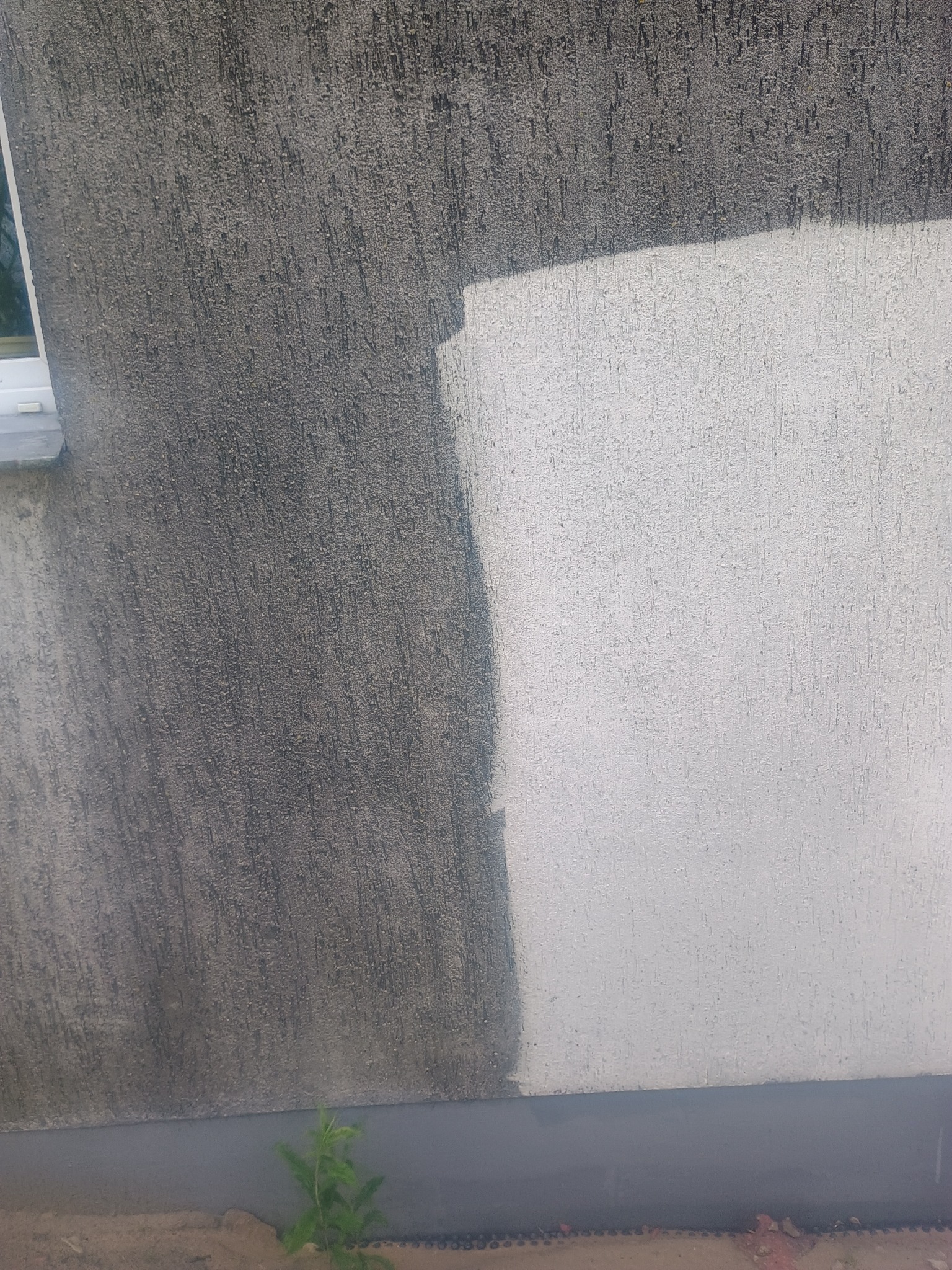 Fragment elewacji budynku, połowa powierzchni wyczyszczona, widoczny kontrast między brudną a czystą częścią, obok okno, u dołu mała roślina.