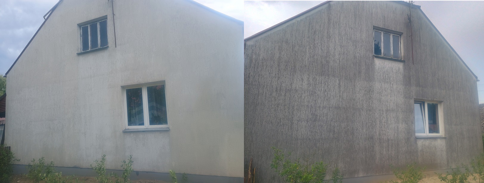 Porównanie stanu elewacji domu w Nosówce przed i po czyszczeniu, widoczne wyraźne różnice w kolorze i czystości tynku.