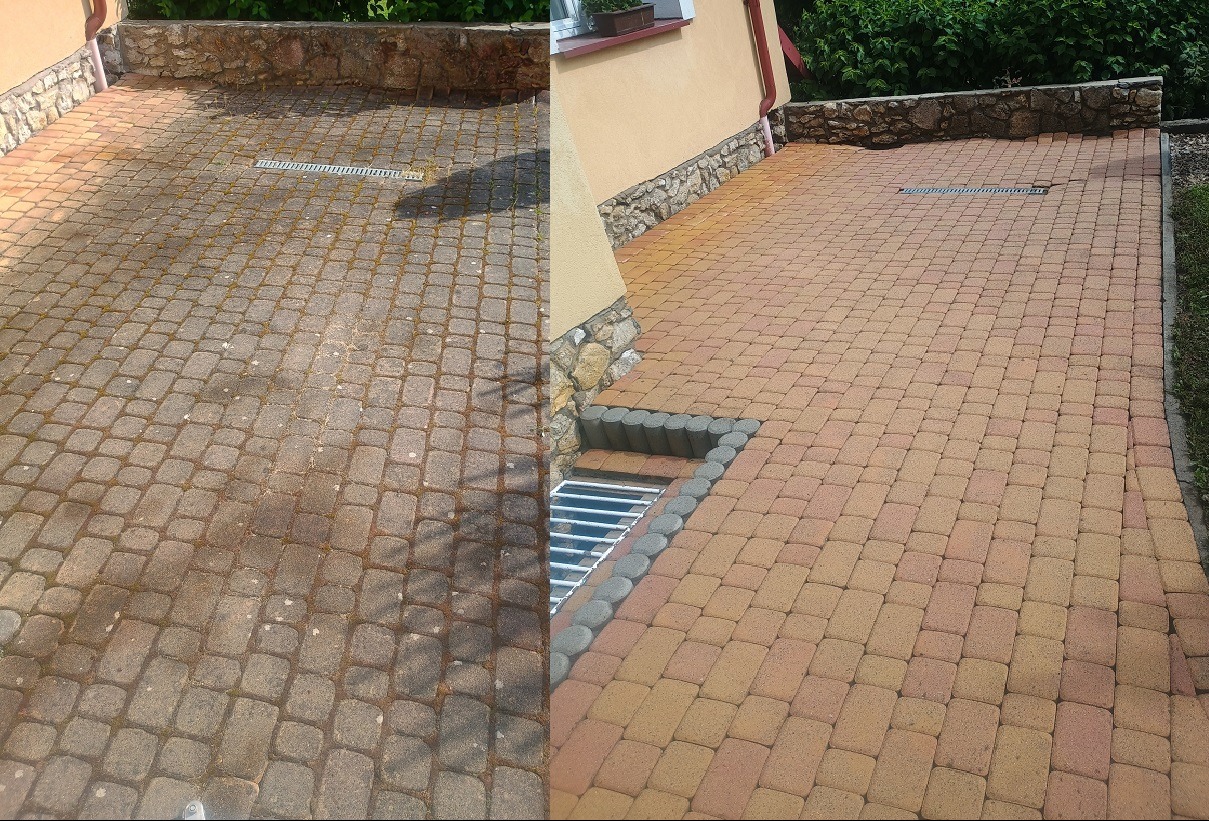 Porównanie kostki brukowej przed i po czyszczeniu, widoczne różnice w kolorze i usunięciu zabrudzeń, zarys budynku w tle.