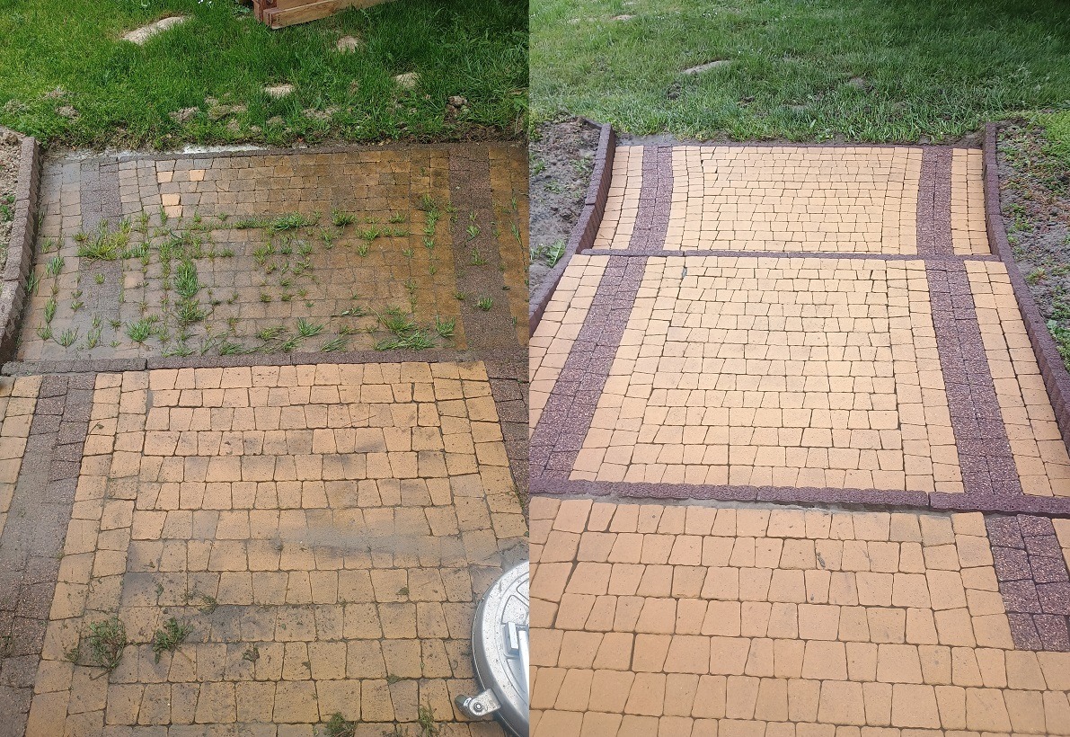 Porównanie stanu kostki brukowej przed i po czyszczeniu: zabrudzona kostka z chwastami po lewej, czysta i sucha po prawej, widoczna dysza myjki ciśnieniowej.