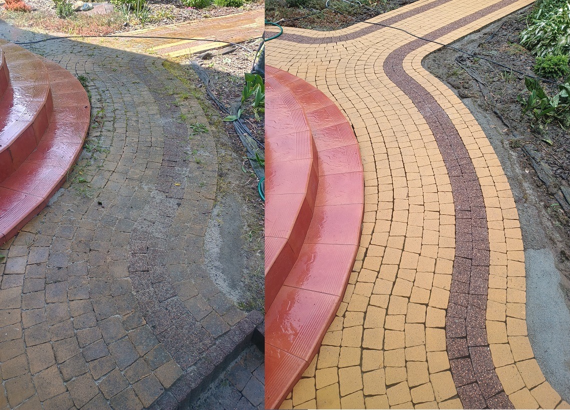 Porównanie mycia kostki brukowej: Brudna, porośnięta mchem kostka przed czyszczeniem po lewej, a po prawej świeżo umyta, ukazująca intensywne kolory i wzór.