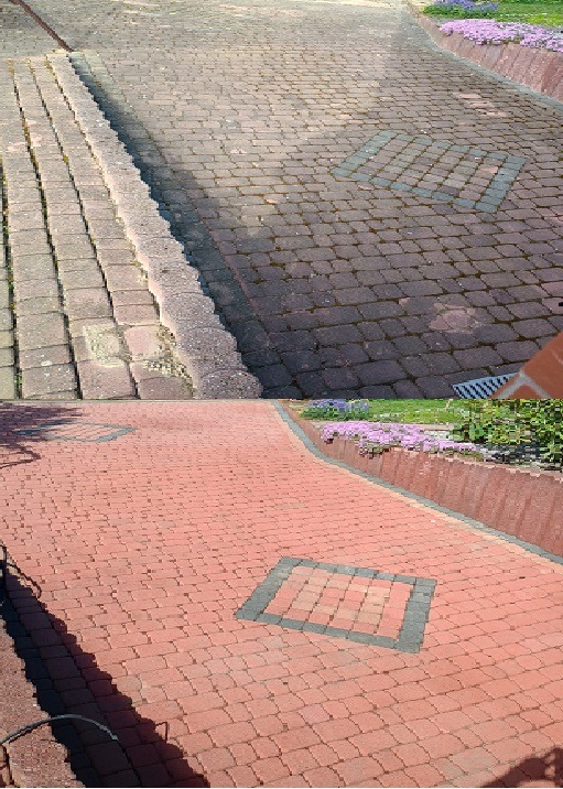 Porównanie kostki brukowej przed i po czyszczeniu, ukazujące różnicę w kolorze i usunięcie zabrudzeń, z widocznymi fragmentami ogrodu z kwiatami.