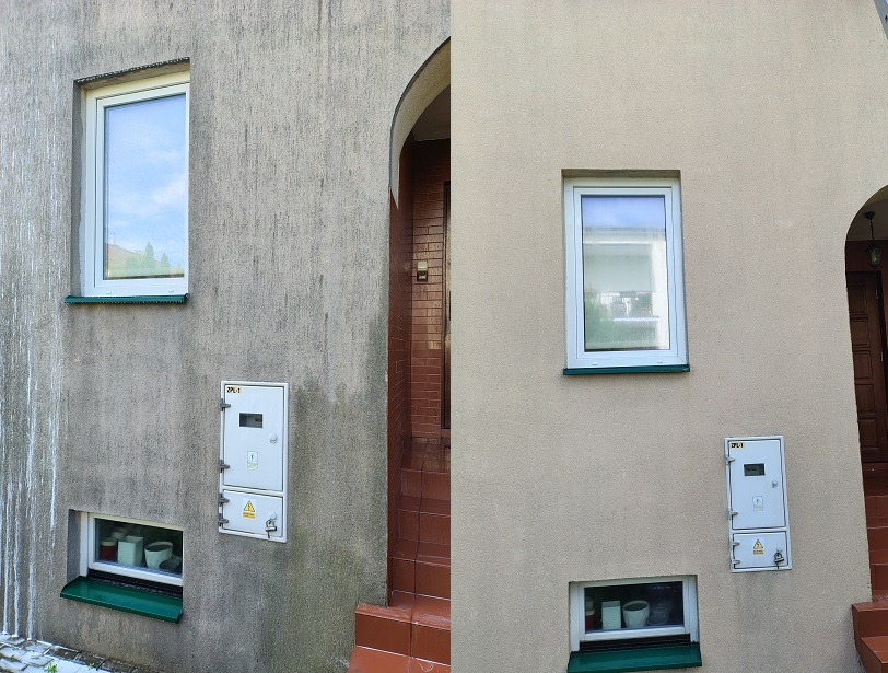 Elewacja budynku: lewa strona szara, zabrudzona; prawa - beżowa, czysta. Efekt 'przed i po' myciu. Widoczne okna, skrzynka elektryczna i fragment schodów.