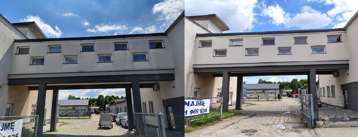 Zdjęcie elewacji budynku przed i po czyszczeniu, z widoczną różnicą w kolorze i czystości powierzchni. Porównanie stanu przed i po zabiegu, z uwzględnieniem detali architektonicznych.