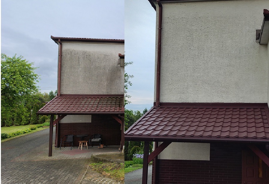 Porównanie elewacji domu przed i po czyszczeniu, uwydatniające różnicę w kolorze i usunięcie zabrudzeń, z widocznym zadaszeniem i fragmentem ogrodu.