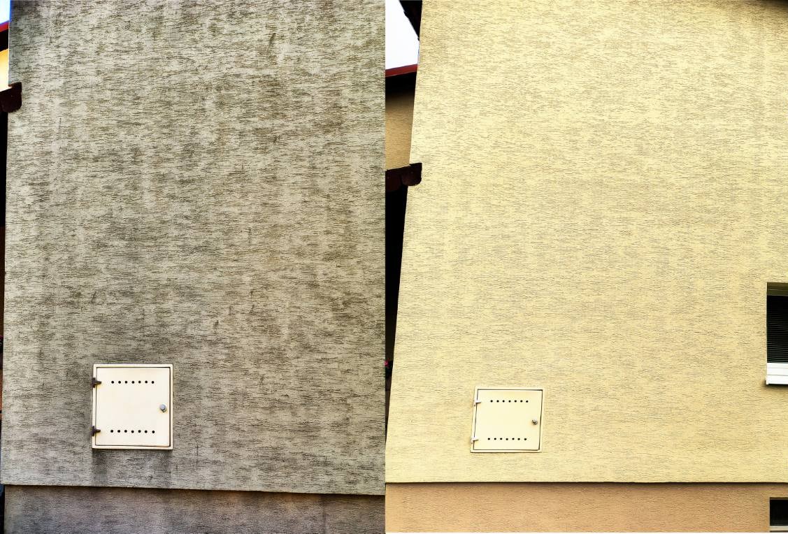 Elewacja budynku podzielona na dwie części: brudna, szara po lewej i czysta, beżowa po prawej. Widoczna skrzynka z otworami wentylacyjnymi i fragment okna.