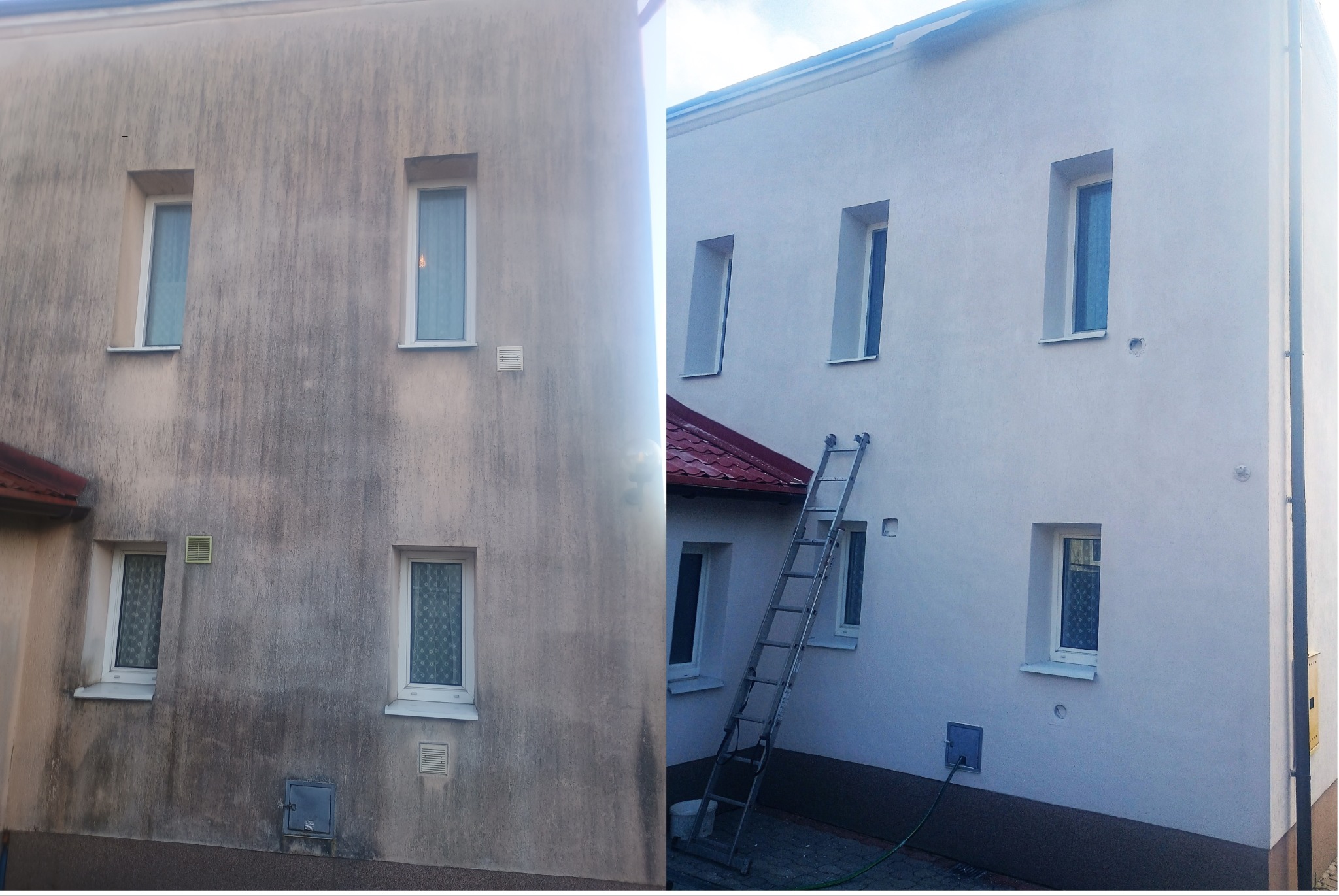 Elewacja budynku przed i po renowacji: z lewej brudna, z prawej świeżo pomalowana na biało. Widoczna drabina oparta o ścianę, okna z firankami i fragment dachu.