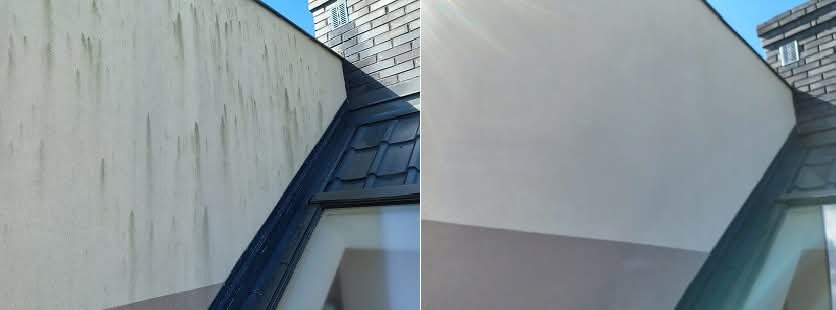 Porównanie elewacji budynku przed i po czyszczeniu. Lewa strona zabrudzona, prawa czysta, widoczne okno dachowe i fragment dachu.