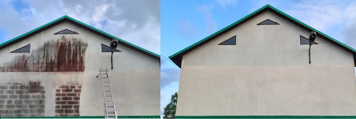 Elewacja budynku przed i po czyszczeniu. Po lewej stronie widoczne zabrudzenia, po prawej czysta ściana. Na ścianie lampa i drabina.
