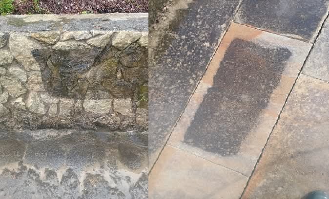 Fragment kamiennej elewacji i kostki brukowej po czyszczeniu, widoczna różnica w kolorze i czystości między umytą a nieumytą powierzchnią.