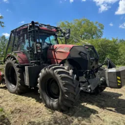 Czerwony traktor leśny Case IH 200 z klatką ochronną na tle zieleni i błękitnego nieba po wycince, widoczne ścięte gałęzie na ziemi.