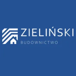 Logo firmy budowlanej Zieliński Budownictwo na niebieskim tle, z abstrakcyjnym symbolem domu w lewym górnym rogu.