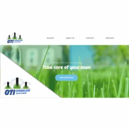 Strona internetowa z grafiką przedstawiającą system nawadniania trawnika i hasłem 'Take care of your lawn'.