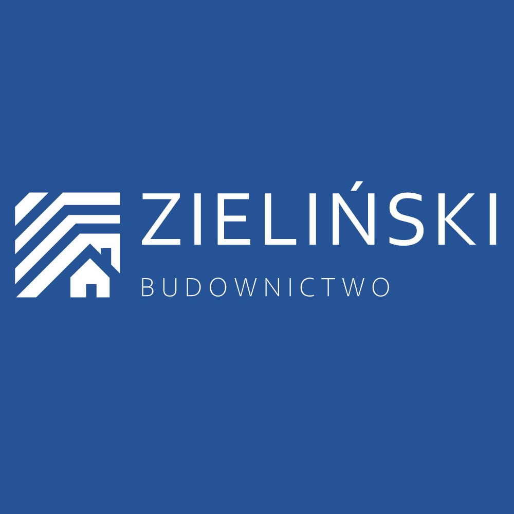 Logo firmy budowlanej Zieliński Budownictwo na niebieskim tle, z abstrakcyjnym symbolem domu w lewym górnym rogu.