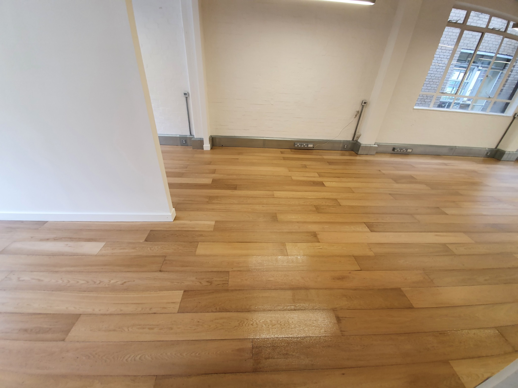 Jasna, drewniana podłoga z paneli ułożona w pustym pomieszczeniu z białymi ścianami, widoczne gniazdka elektryczne i duże okno z kratownicą w górnej części kadru.