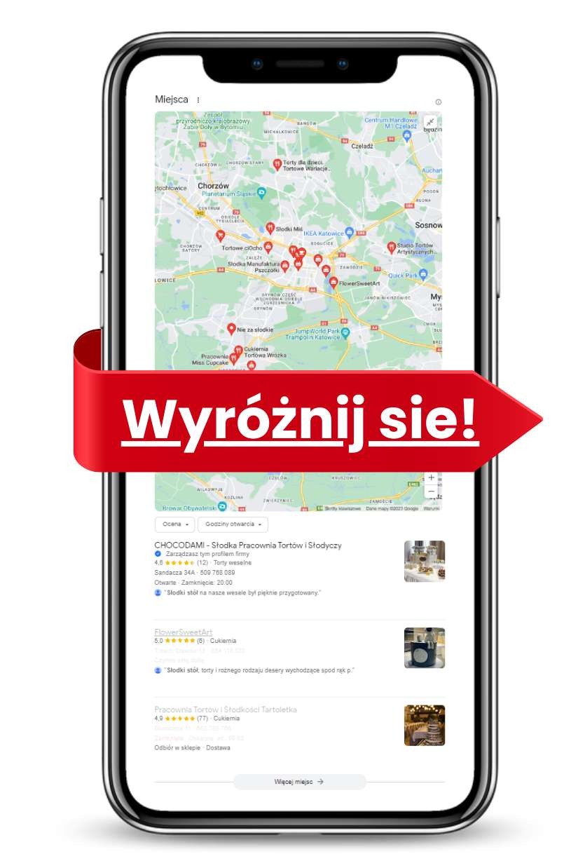 Smartfon wyświetlający mapę Google z zaznaczonymi lokalizacjami cukierni i pracowni tortów w Chorzowie i okolicy, z czerwonym banerem 'Wyróżnij się!' na pierwszym planie.