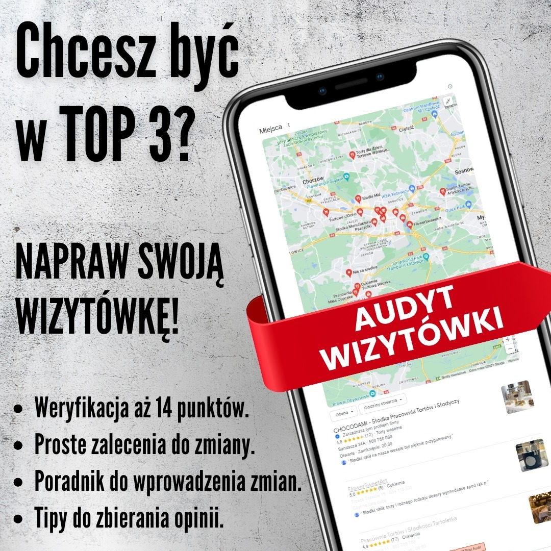 Smartfon wyświetla mapę Google z zaznaczonymi lokalizacjami firm, obok hasło 'Audyt wizytówki' i tekst zachęcający do naprawy wizytówki oraz korzyści z tego płynące.