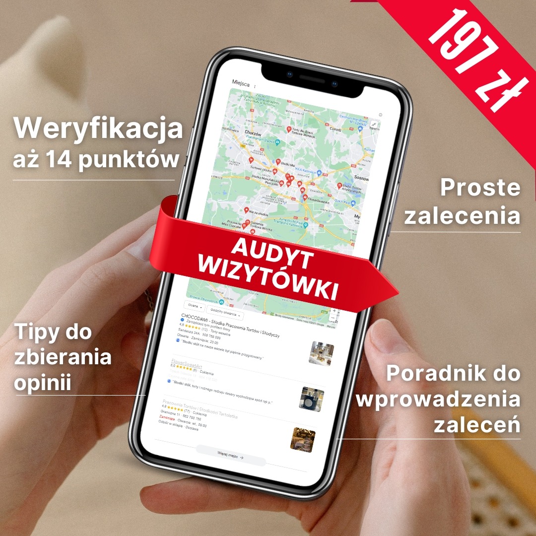 Smartfon w dłoniach prezentujący mapę z zaznaczonymi lokalizacjami i nakładką z tekstem 'Audyt Wizytówki' na czerwonej strzałce, otoczony informacjami o zaletach produktu.