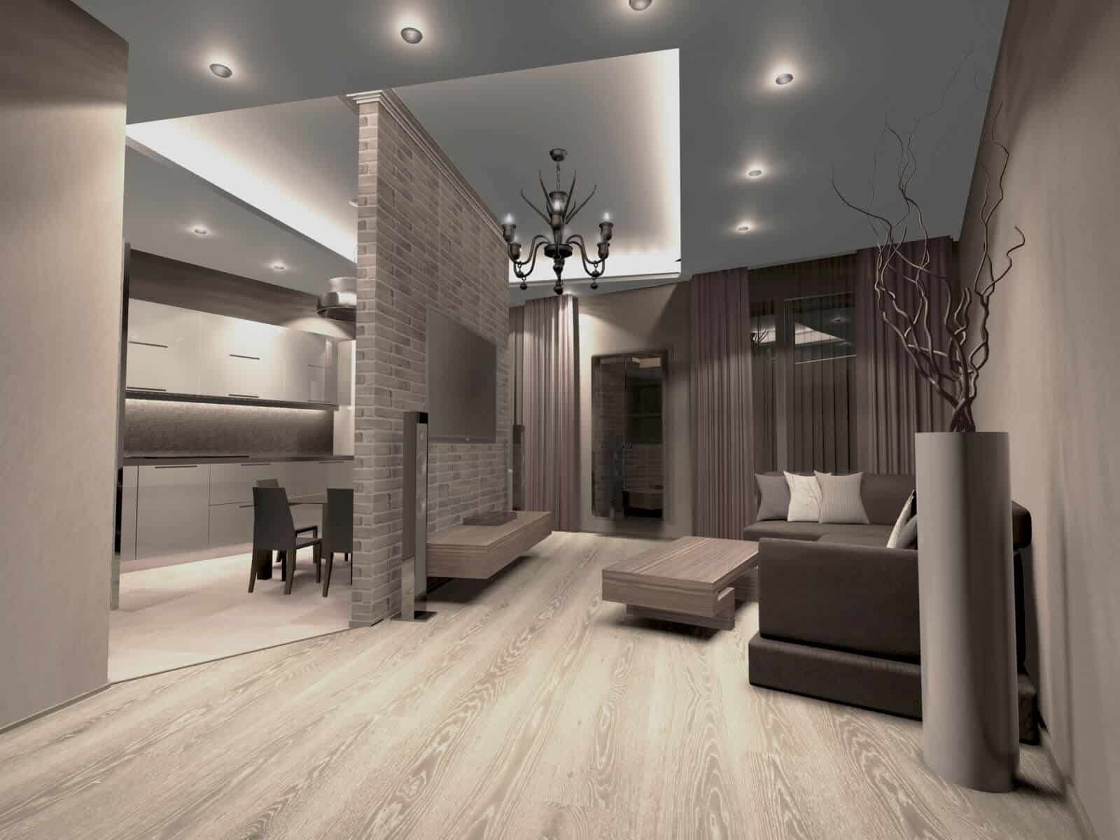 Wizualizacja salonu z aneksem kuchennym, ściana z cegły oddziela strefy, nowoczesny żyrandol, drewniana podłoga, szare zasłony i sofa.