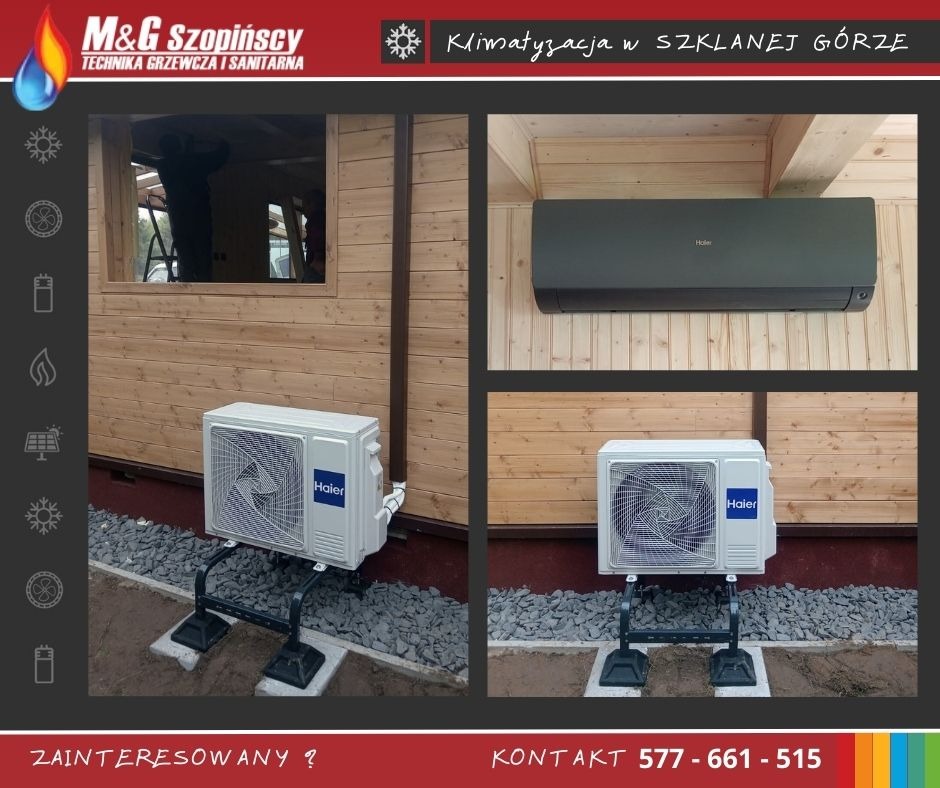 Montaż klimatyzacji Haier w drewnianym domku, widoczna jednostka zewnętrzna na specjalnej podstawie i jednostka wewnętrzna na ścianie, instalacja w trakcie wykonywania.