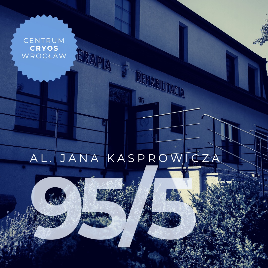 Budynek Centrum Cryos we Wrocławiu przy Al. Jana Kasprowicza 95/5, z napisem 'Terapia Rehabilitacja' nad wejściem.