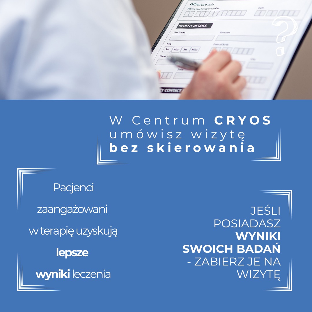 Wypełnianie formularza danych pacjenta w centrum medycznym CRYOS, widoczny długopis w dłoni nad dokumentem z pytajnikiem obok sekcji danych osobowych, informacja o możliwości umówienia wizyty bez...