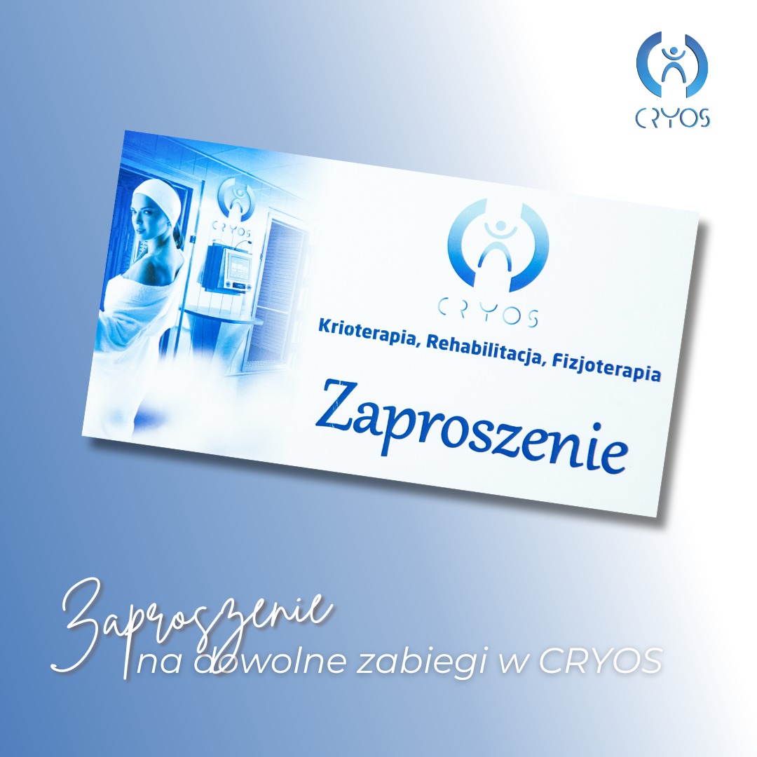 Zaproszenie na zabiegi krioterapii, rehabilitacji i fizjoterapii w salonie CRYOS, widoczne logo firmy i grafika kobiety w szlafroku w chłodnym pomieszczeniu.