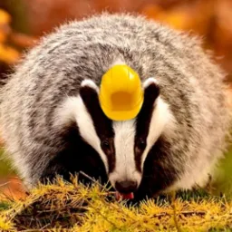 Borsuk z żółtym kaskiem na głowie, wystawia język, jesienne tło.